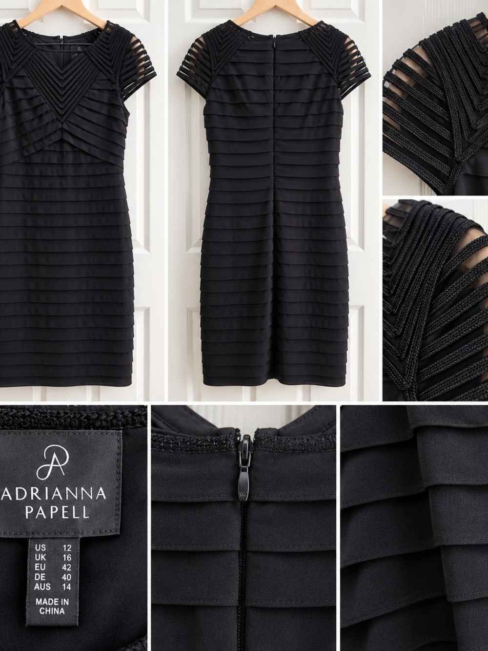 Adrianna Papell Black Tiered Pintuck Sheath Dress Short Sleeve Size 12